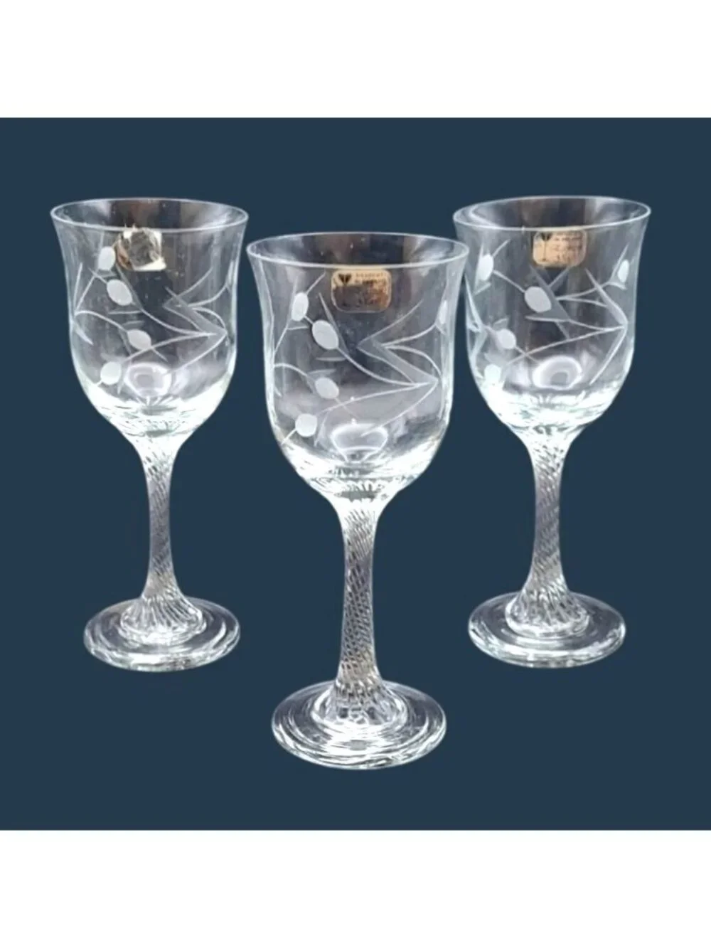 Hand Cut Wine Glasses Twisted Stem Floral Dublin Ireland Eamon Glass Set Of 3